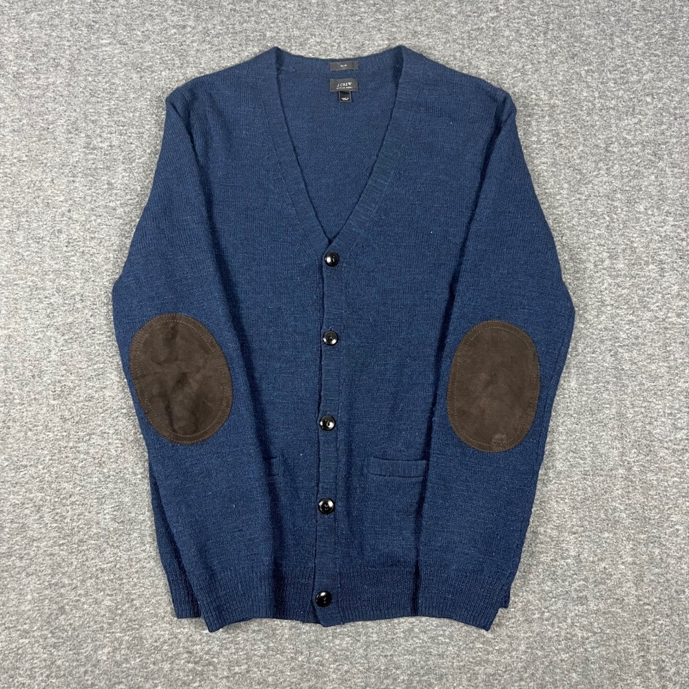 J.Crew Cardigan Sweater Mens Medium Blue 100% Merino Wool Elbow Patch Slim Fit